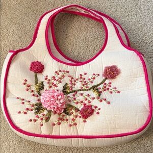 Floral Embroidered White and Pink Handmade Women's Bag
